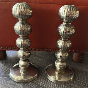 Pair IHI Solid Brass Silver‎ Toned Candlesticks